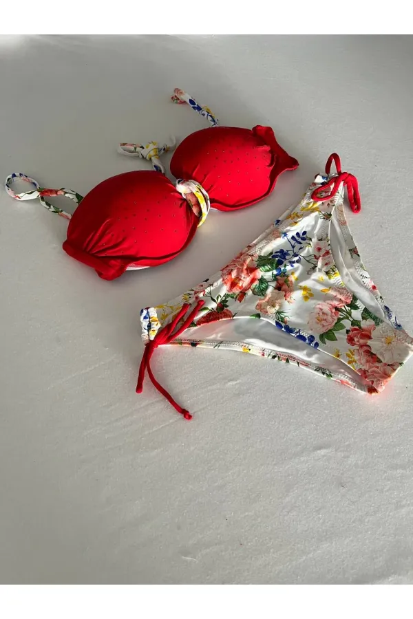 Kadın Kırmızı Taş İşlemeli Astarlı Bikini Takım HZL25S-LC208