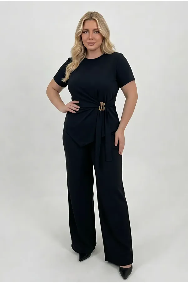 Women's Black Plus Size Modal Fabric Top and Bottom Set with Gold Buckle Detail HZL26S-ZSS111291 Women's Black Plus Size Modal Fabric Top and Bottom Set with Gold Buckle Detail HZL26S-ZSS111291