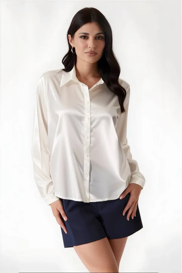 Kadın Krem Hafif Dökümlü Saten Yüzeyli Gömlek Hzl22w-bd139641