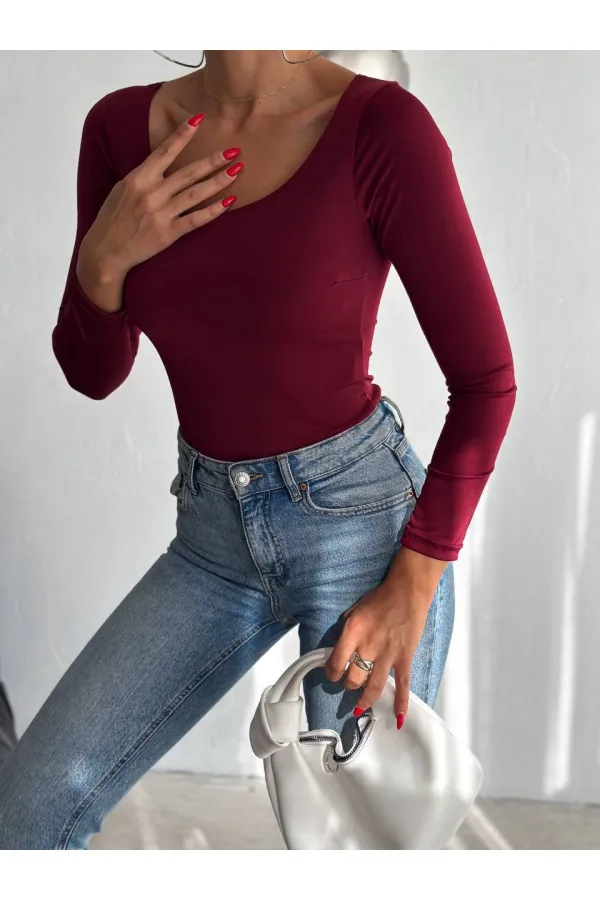 Kadın Bordo U Yaka Uzun Kollu Sandy Bluz HZL25S-FRY122471
