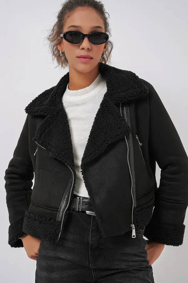 Veste croisée en similicuir et fausse fourrure 5155 - Noire