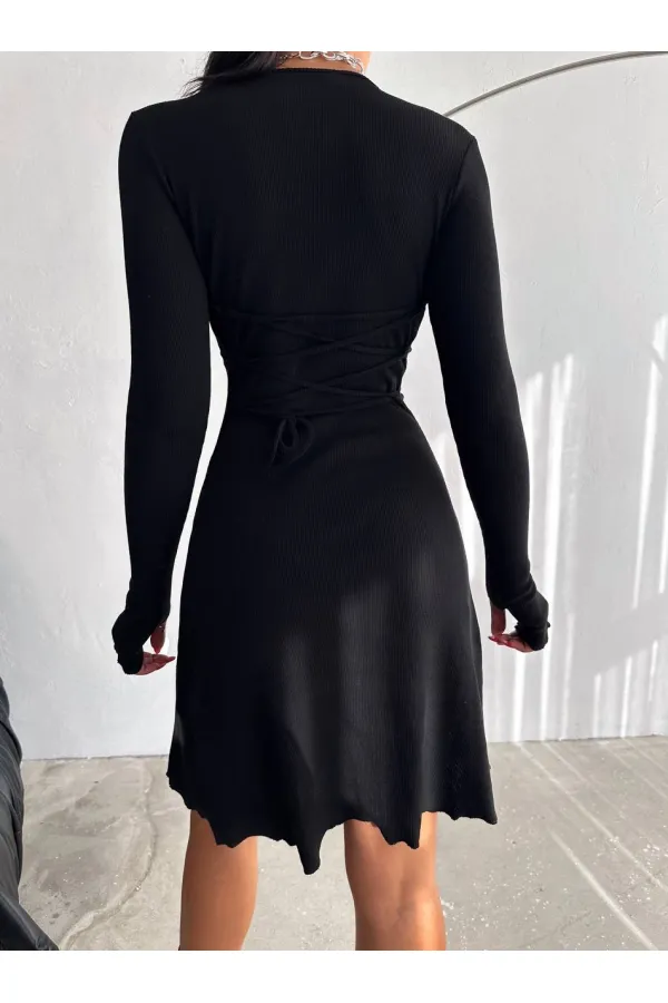 Kadın Siyah V Yaka Yandan İp Bağlamalı Kaşkorse Elbise HZL24W-FRY121751