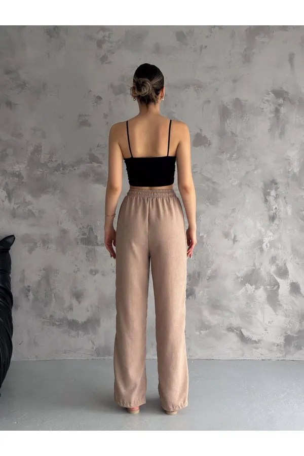Kadın Bisküvi Lastikli Bel Yırtmaç Detaylı Cepsiz İthal Keten Astarsız Pantolon HZL24S-FRY121941