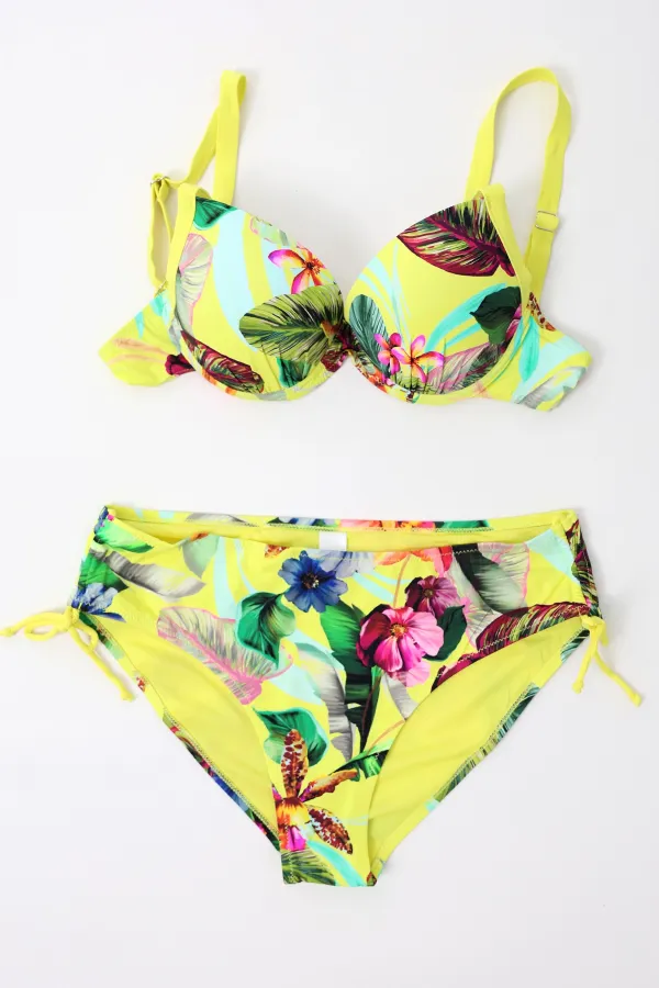 Women's Yellow Leaf Patterned Strappy High Waist Shapewear Bikini Set HZL24S-LC22625