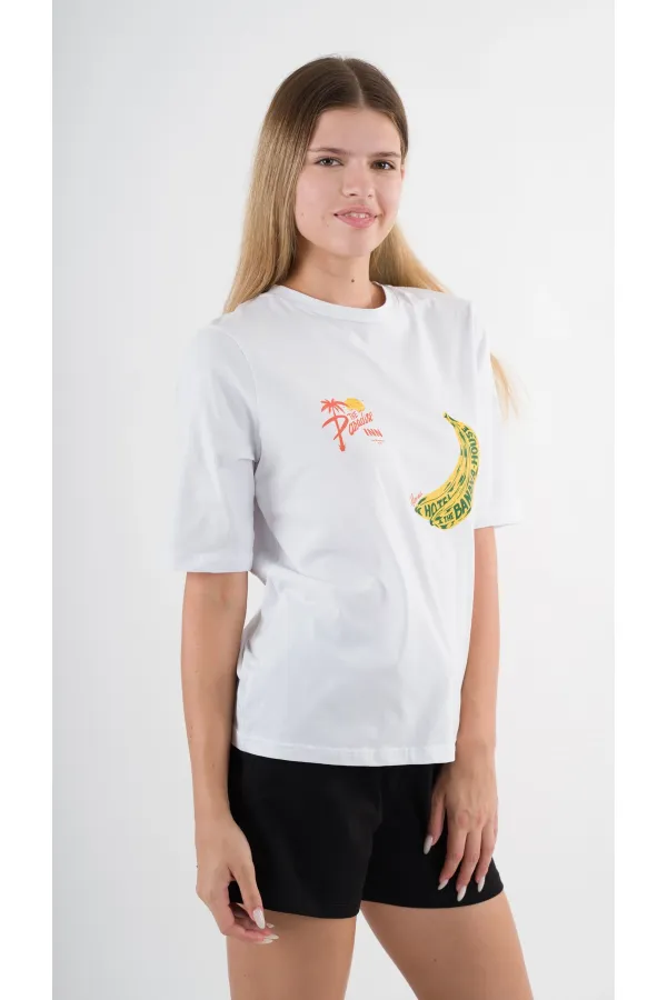 Women's White Yellow Banana House Printed Crew Neck T-Shirt HZL24S-YY302