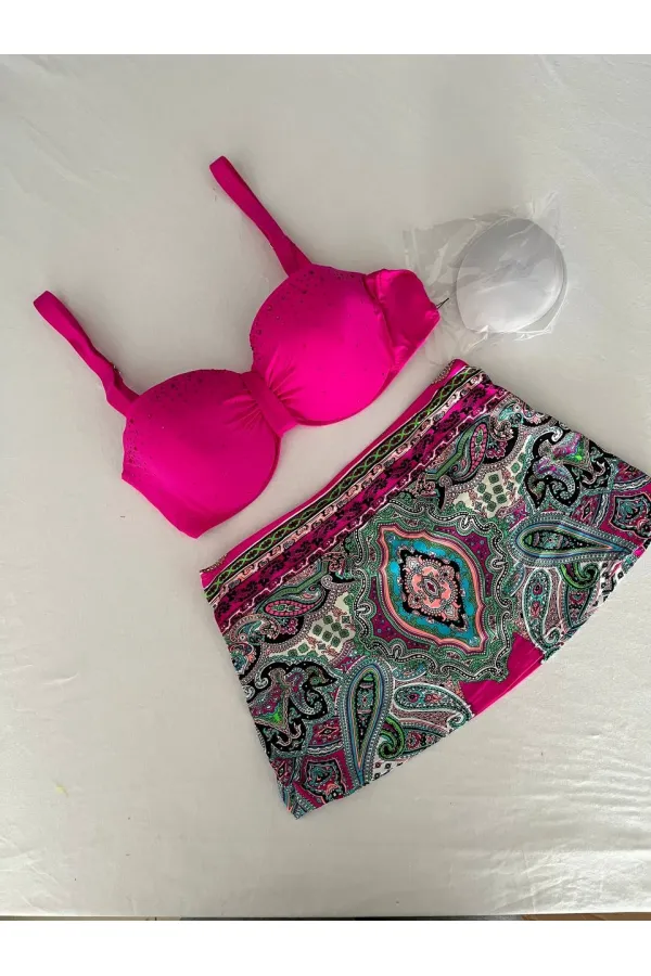 Kadın Fuşya Taş İşlemeli Desenli 3 Parça Bikini Takım HZL25S-LC3326