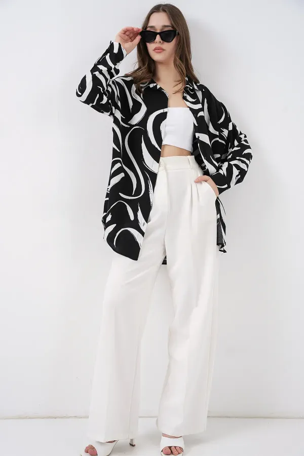 3721 Grafik Desenli Gömlek - F. Siyah