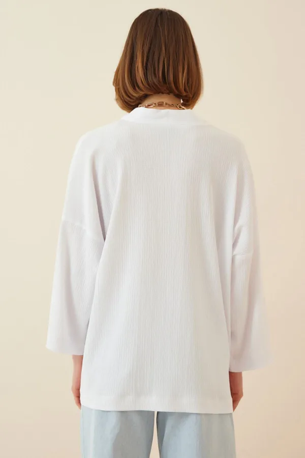 Veste de saison texturée blanche à col rabattu et ouverture sur le devant pour femme HZL22S-BD158621