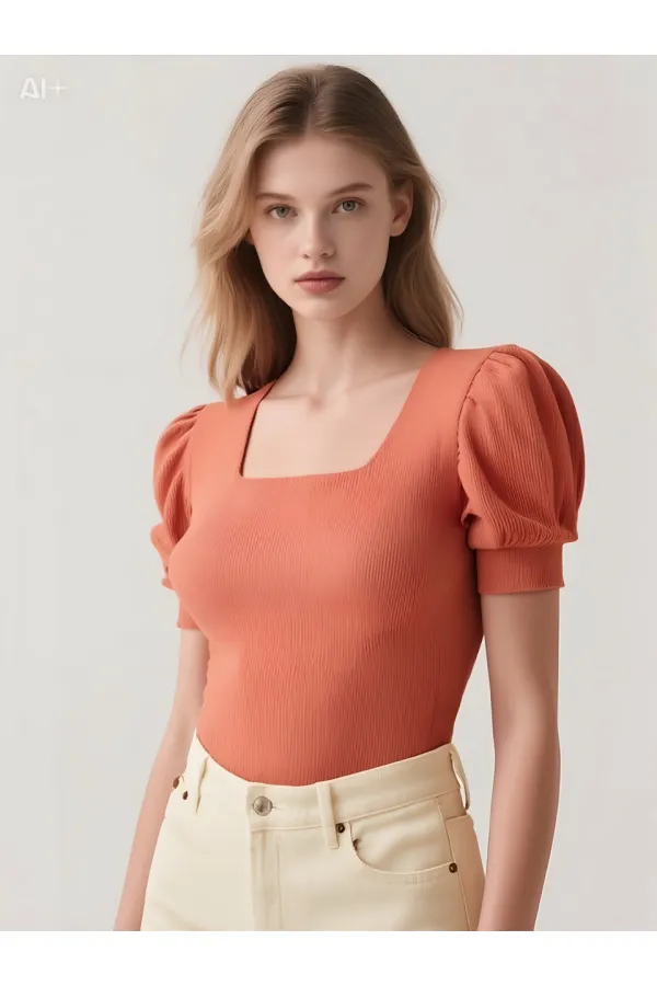 Kadın Gül Kurusu Kare Yaka Örme Bluz HZL22W-BD104091