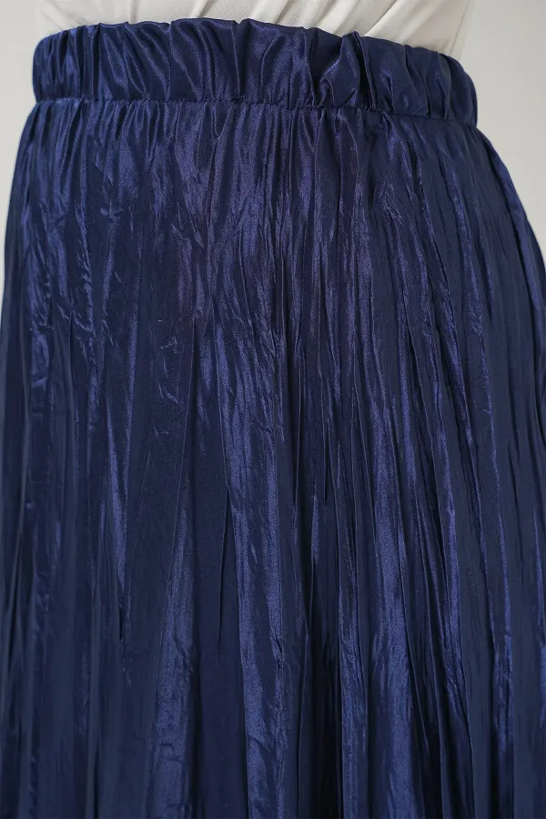Jupe longue froissée brillante pour femme 8034 - Bleu marine foncé