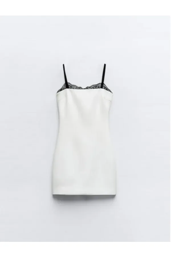 Kadın Beyaz İnce Askılı Dantel Detaylı İthal Atlas Mini Elbise HZL24S-FRY121911