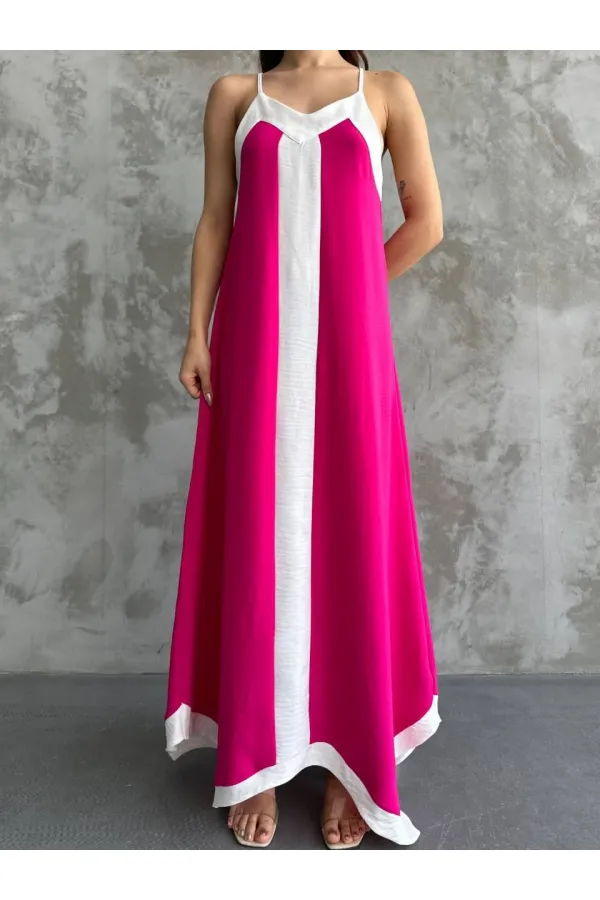 Kadın Pembe Beyaz Detaylı Asimetrik Kesim V Yaka Ayarlanabilir İp Askılı Elbise HZL24S-MJ113041