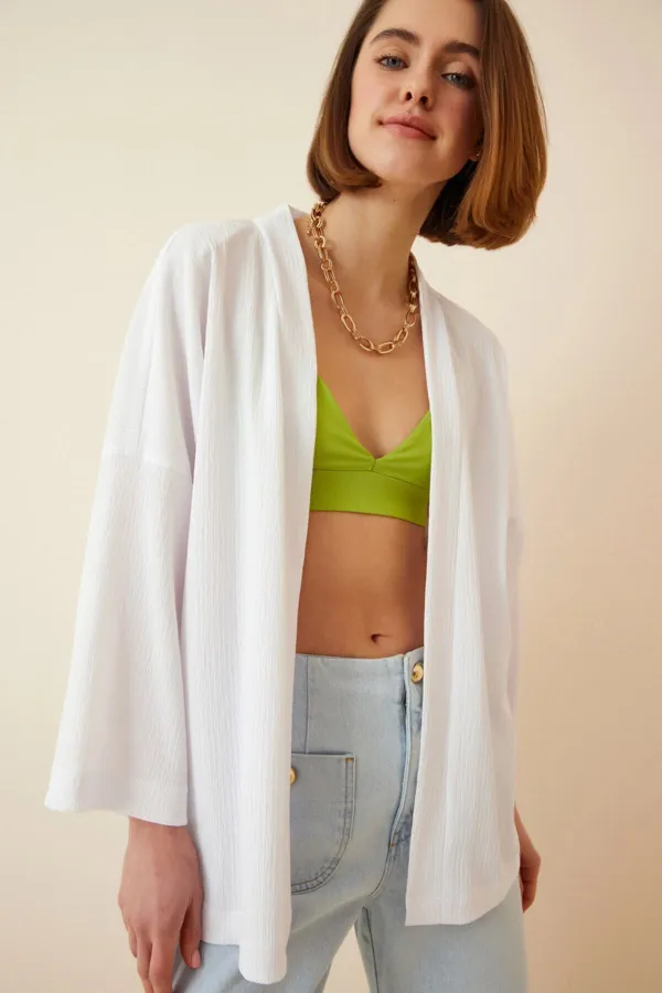 Veste de saison texturée blanche à col rabattu et ouverture sur le devant pour femme HZL22S-BD158621