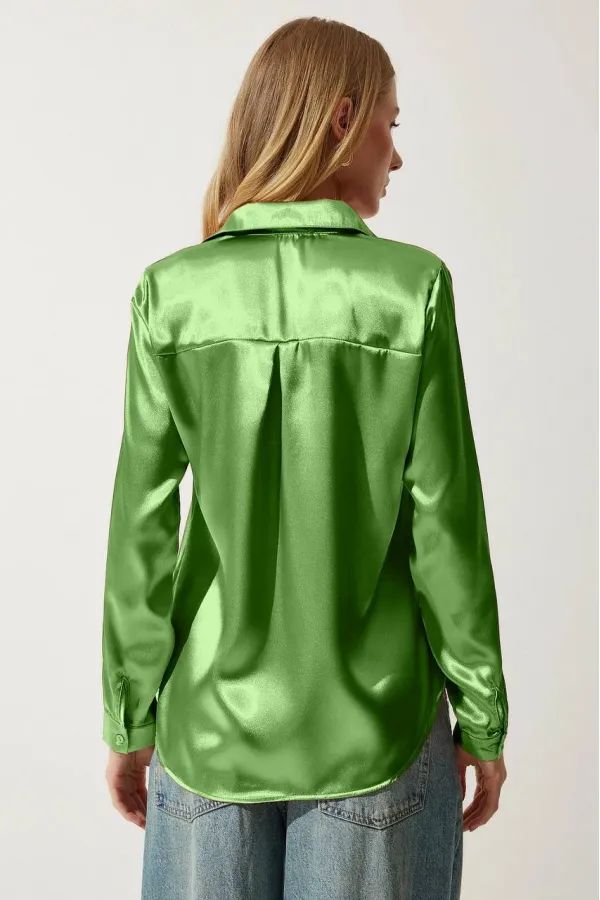 Women's Pistachio Green Lightly Flowing Satin Surface Shirt HZL22W-BD139641
