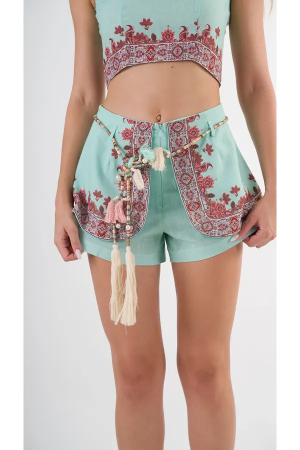 Kadın Su Yeşili Etnik Desenli Beli Kuşaklı Bluz Şort İkili Takım HZL24S-YY261