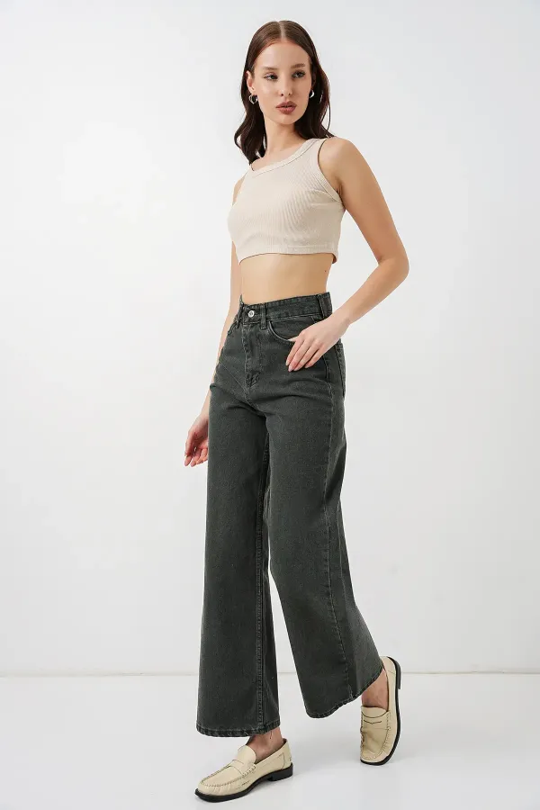 Women's Wide Leg High Waist Palazzo Jeans 6656 - Green