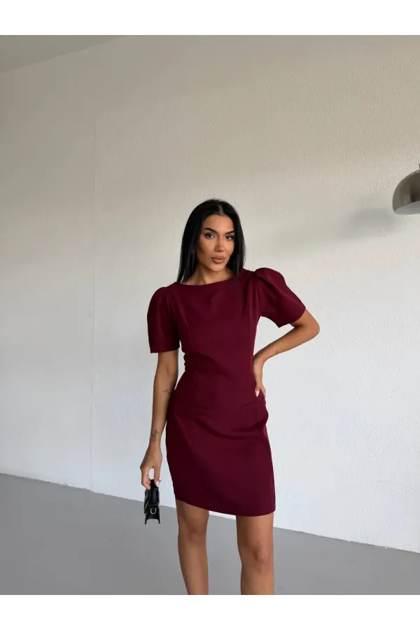 Women's Burgundy Boat Neck Welt Pocket Short Sleeve Mini Dress HZL26S-FRY123891 Women's Burgundy Boat Neck Welt Pocket Short Sleeve Mini Dress HZL26S-FRY123891