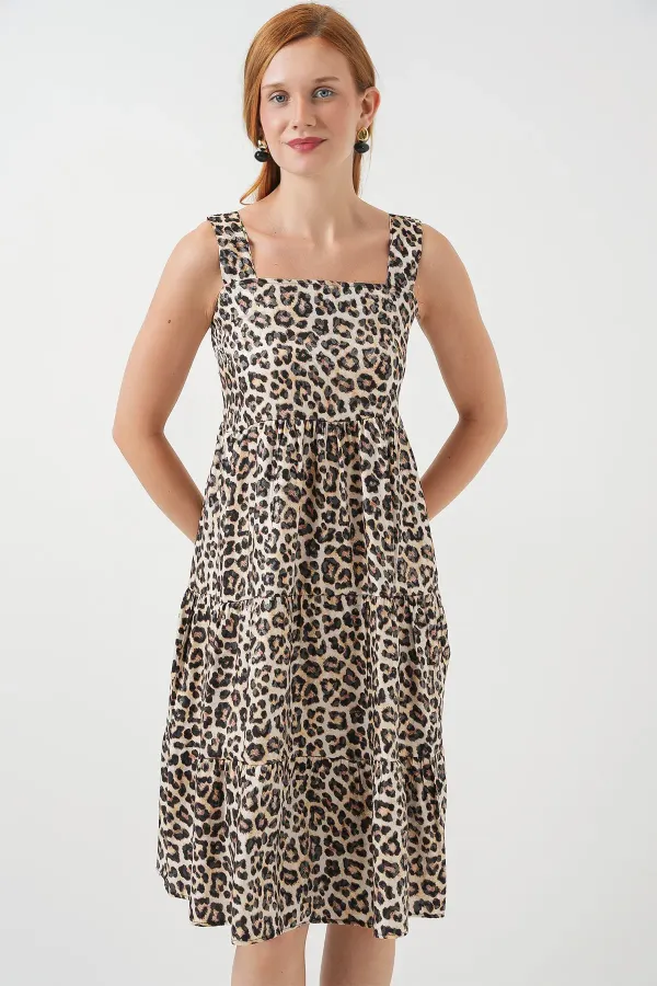 Women's Patterned Strappy Midi Dress 2577 - C. Brown