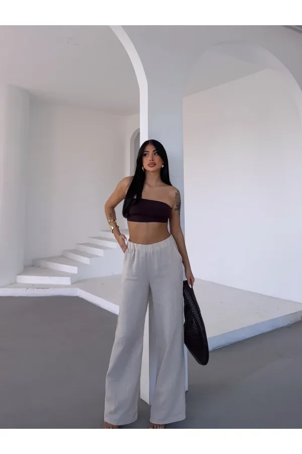 Kadın Bej Beli Lastikli Müslin Kumaş Bol Paça Pantolon HZL25S-DSB12221