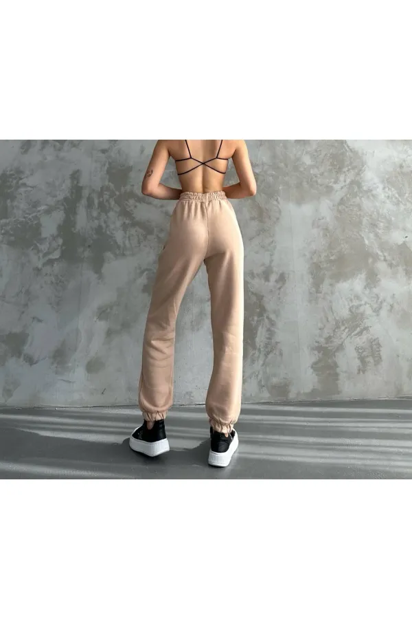 Kadın Bej Cepli Beli Paçası Lastikli 3 İplik Şardonlu Eşofman Altı HZL24W-ZK12321