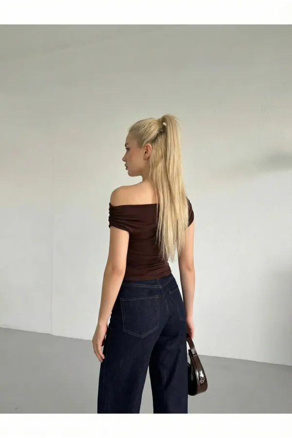 Women's Brown Green Side Draped Boat Neck Sandy Blouse HZL25S-FRY123201