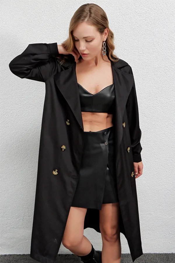 Trench-coat décontracté noir à double boutonnage pour femme, non doublé, avec ceinture, HZL22S-BD158531