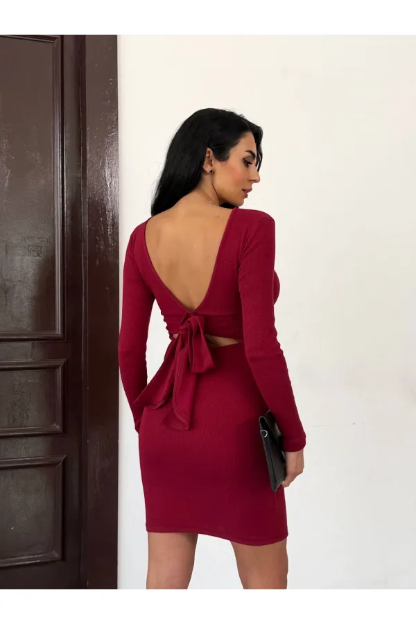 Kadın Bordo Uzun Kollu İp Bağlamalı Sırt Dekolteli Kaşkorse Mini Elbise HZL25W-FRY120411