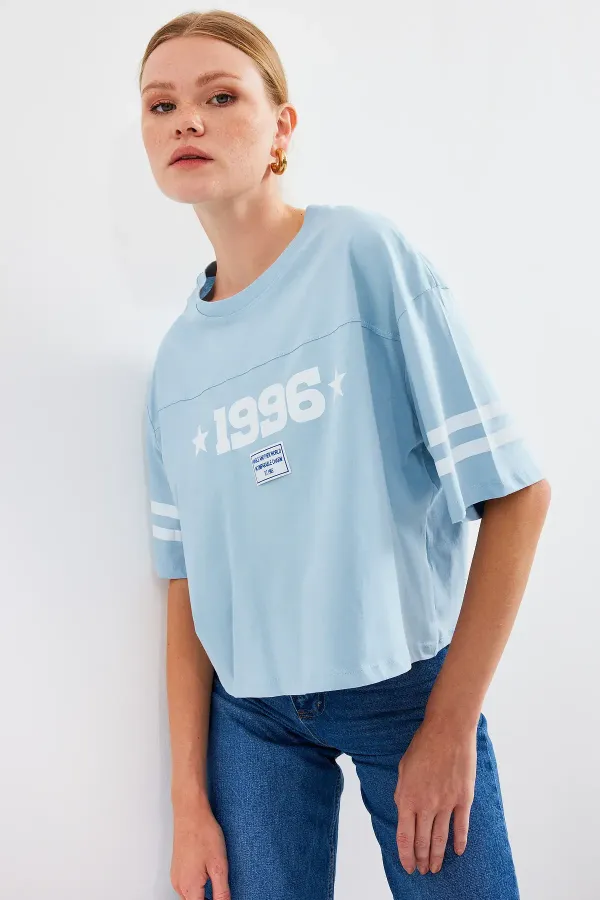 4322 Printed Oversize Basic T-Shirt - Blue