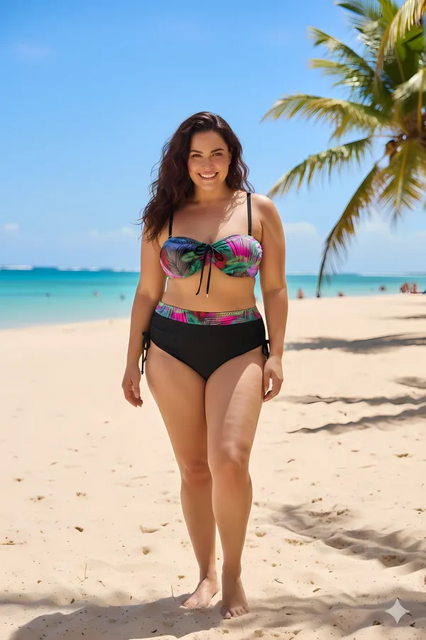 Women's Black Multicolored Patterned Lined Plus Size Bikini Set HZL25S-LC03