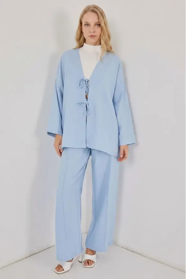 Kadın Açık Mavi Keten Bağlama Detaylı Kimono Pantolon İkili Takım HZL26S-BD167271