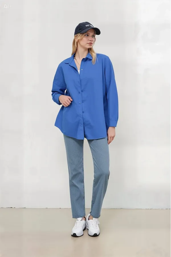 Kadın Mavi Oversize Uzun Basic Gömlek HZL22W-BD139001