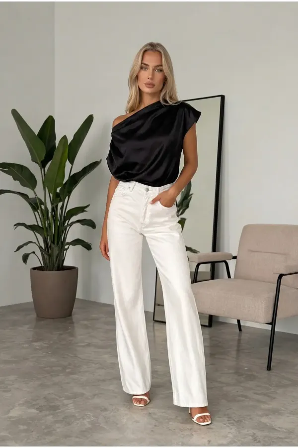 Women's Black One-Shoulder Asymmetrical Satin Blouse HZL26W-FRY121171