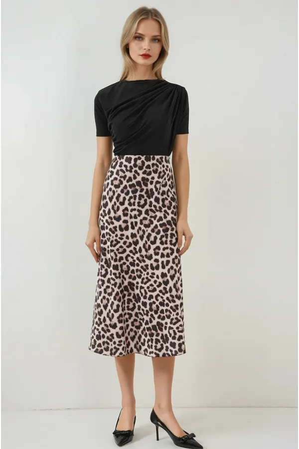 Kadın Vizon Leopar Desenli Saten Yüzeyli Beli Lastikli Midi Boy Etek Hzl23S-BD1101471
