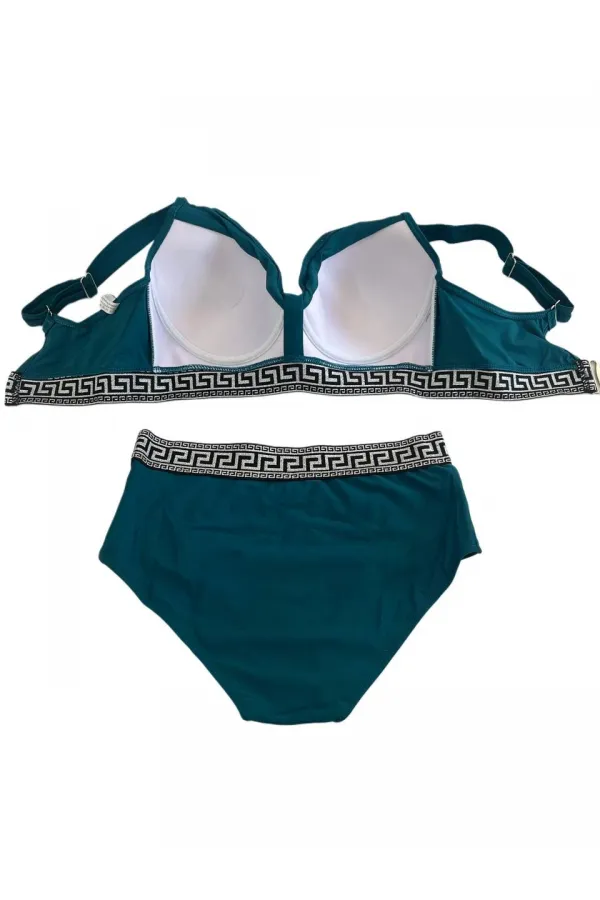 Women's Green High Waist Side Stripe Detail Patterned Elastic Padded Bikini Set HZL25S-LC201