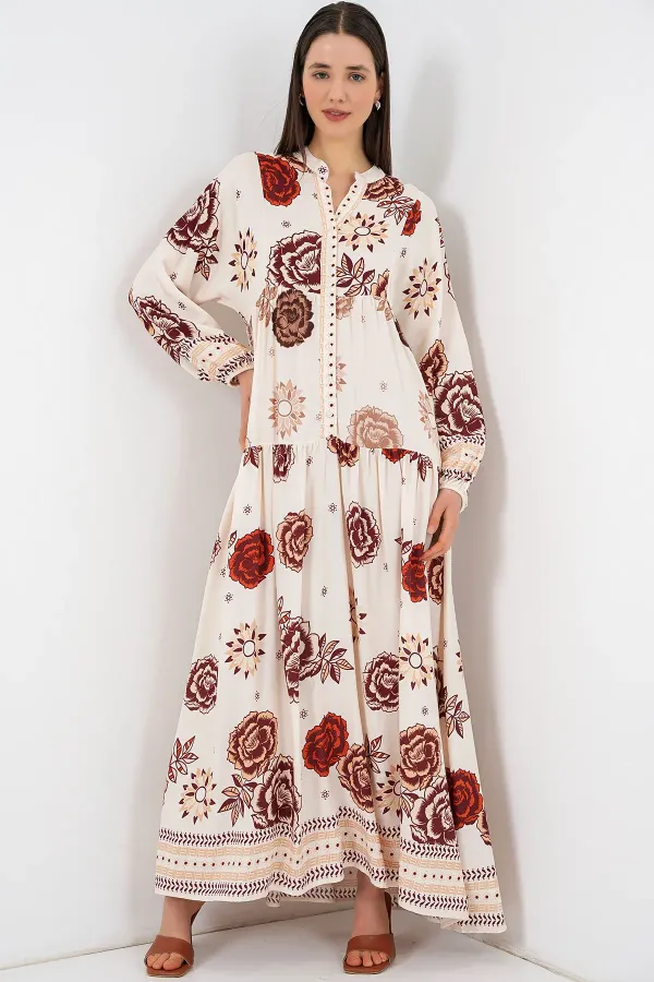 Robe longue hijab à motifs pour femme 2585 - Z. Beige