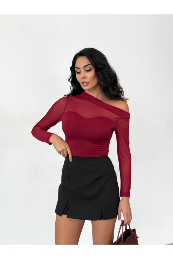 Kadın Bordo Tül Garnili Uzun Kol Şık Rahat Bluz HZL25W-FRY123541