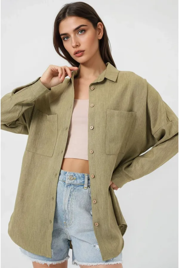 Kadın Çağla Yeşil Oversize Çift Cepli Keten Gömlek HZL22S-BD1201261