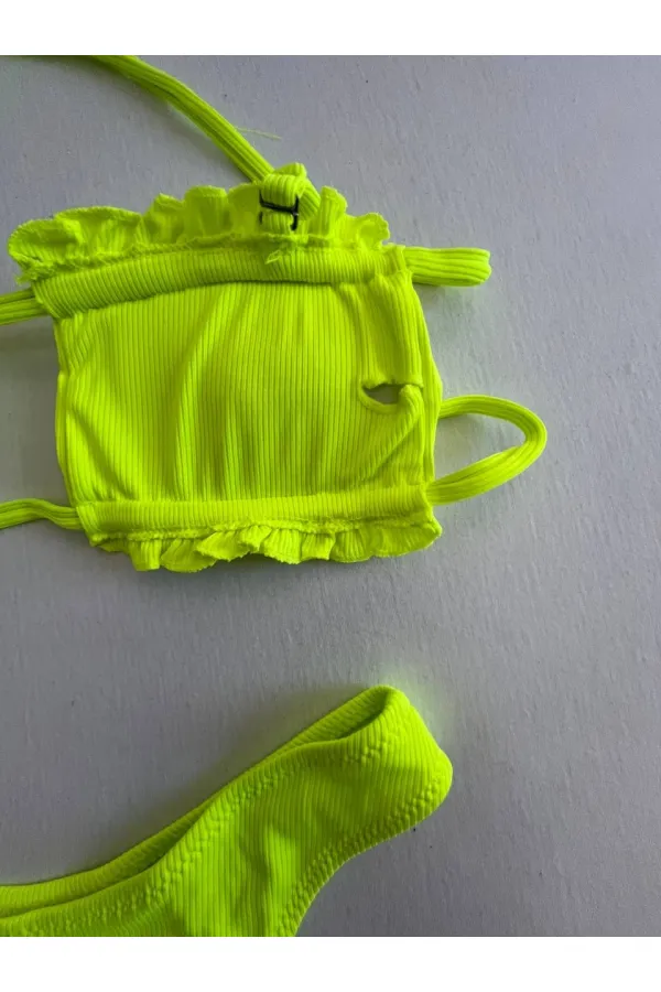 Women's Neon Green String-Tied Gathered Strapless Bikini Set HZL25S-LC2226