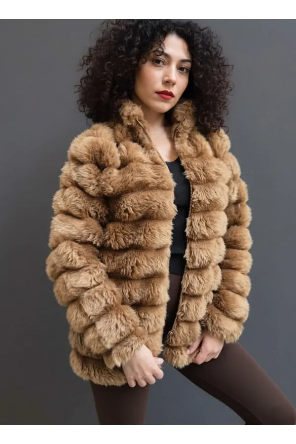 Kadın Camel Şık Peluş Suni Kürk Ceket HZL23W-DSB110061