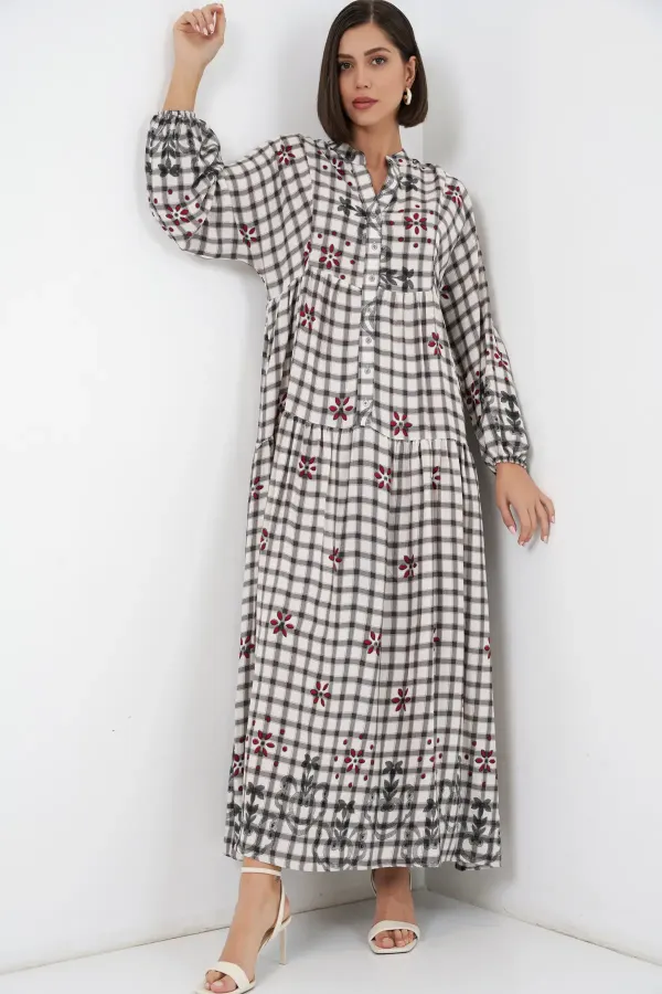 Robe longue hijab à motifs pour femme 2585 - Gris clair