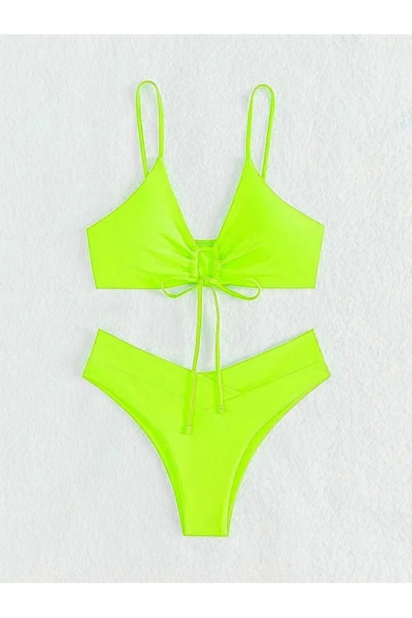 Kadın Neon Yeşil İp Detaylı Astarlı V Kesim Üçgen Bikini Takım HZL24S-LC2234