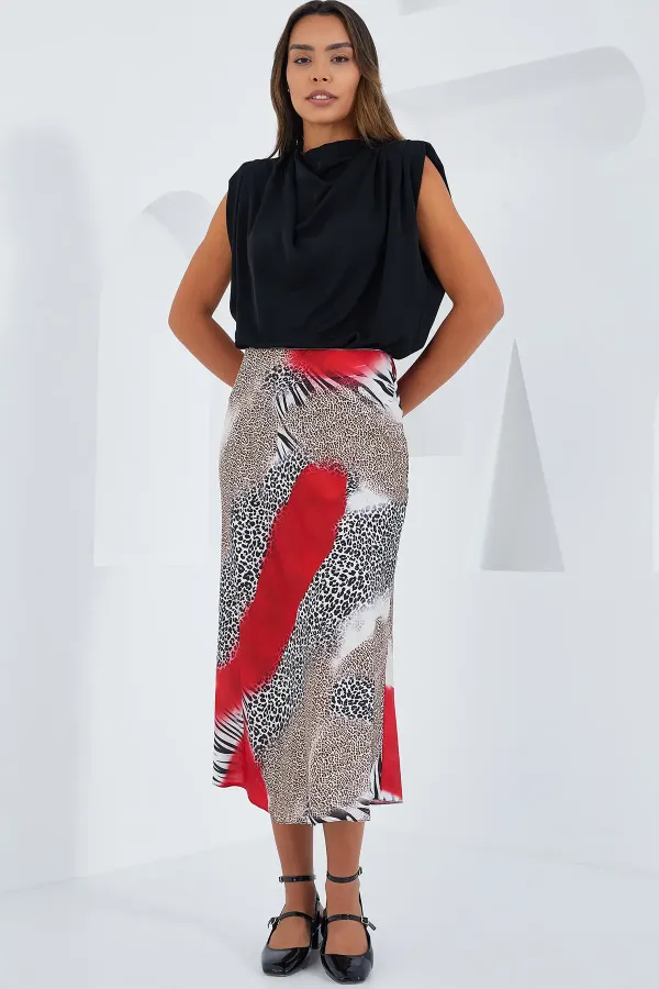 Jupe en satin à motifs rouges et noirs pour femme 15806