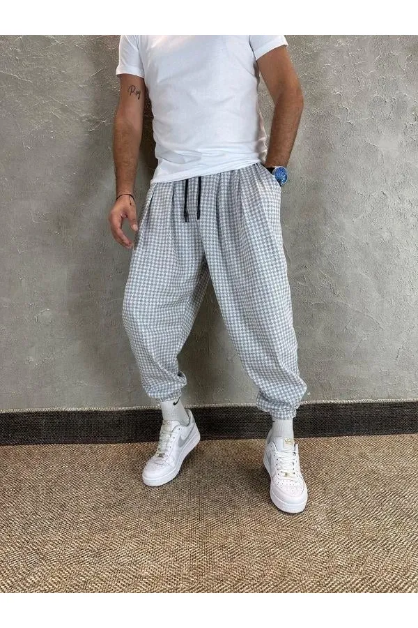 Erkek Ekru Gri etnik desenli Beli ve Paçası Lastikli Eşofman Altı HZL24S-MXC8989-160