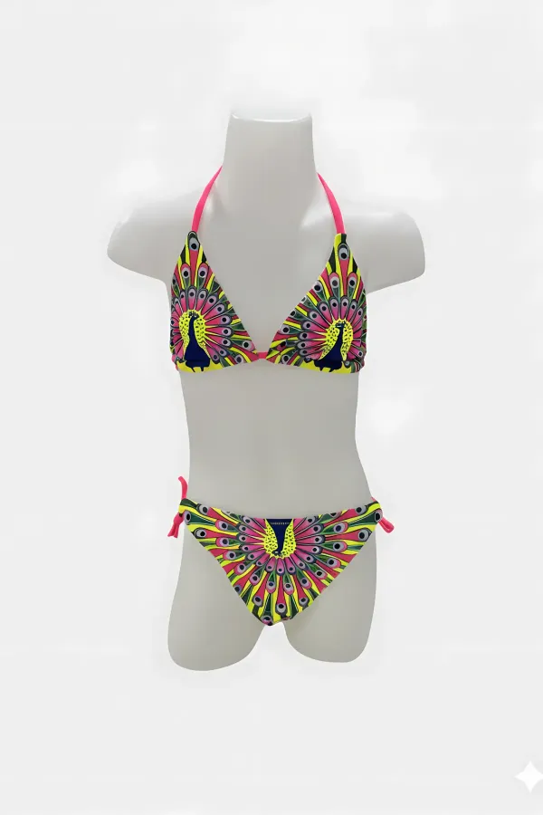 Ensemble bikini triangle à motif paon jaune pour filles, 6-14 ans HZL24S-LC19017