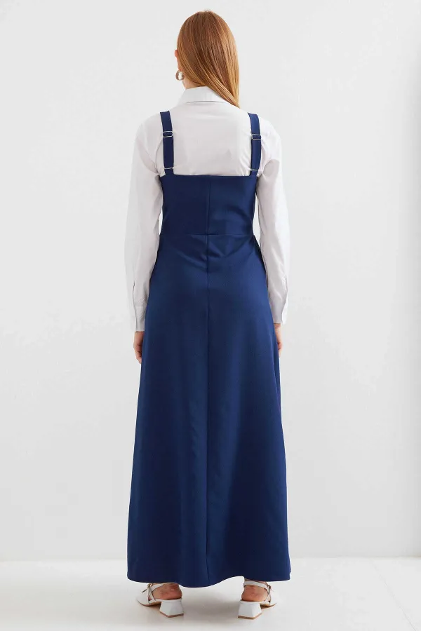 Kadın Lacivert Askılı Düğme Detaylı Cepli Kuşaklı Uzun Elbise HZL24S-BD124901