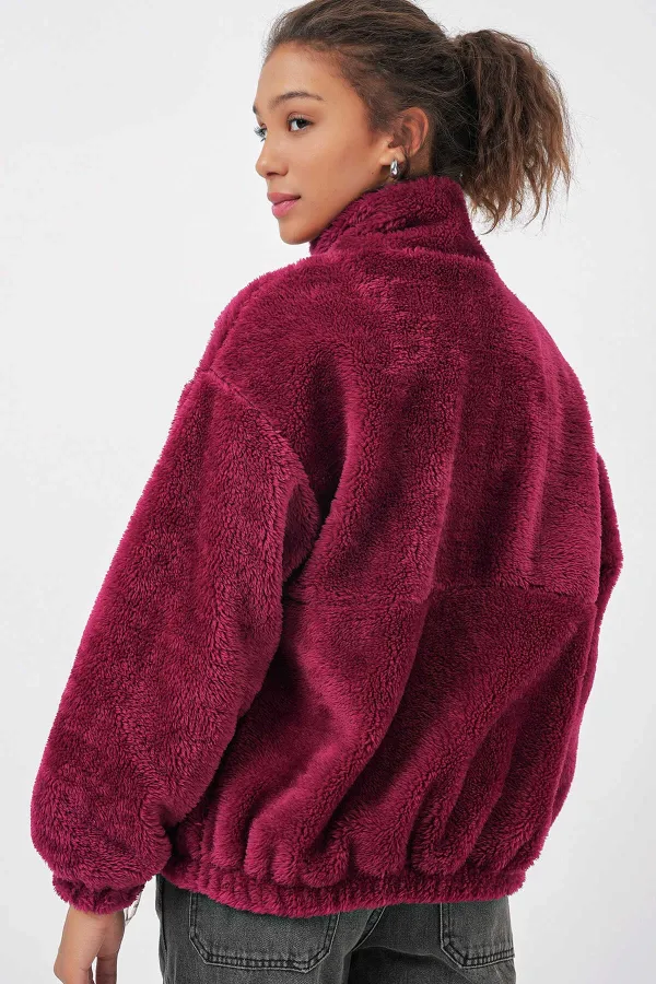 Veste zippée bordeaux imprimée en fausse peau de mouton pour femme, doublée de peluche HZL25W-BD151941