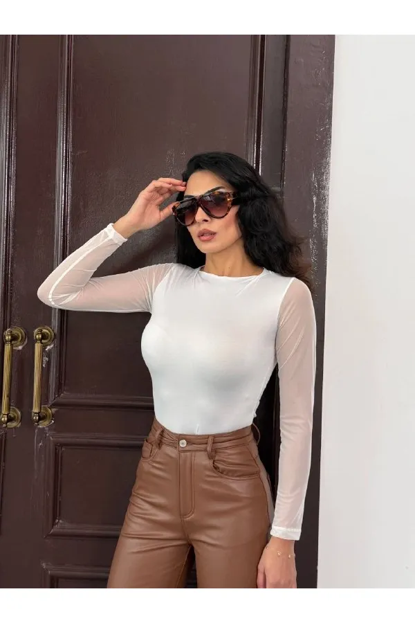 Kadın Beyaz Uzun Tül Kol Sandy Bluz HZL25W-FRY122521