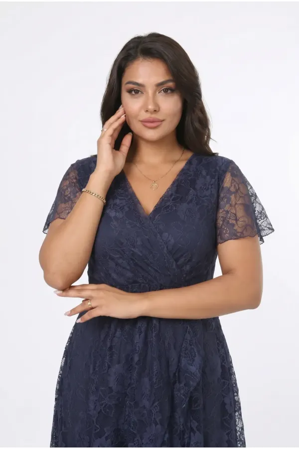 Kadın Lacivert Büyük Beden V Yaka Astarlı Dantel Detaylı Şık Abiye Elbise HZL26S-PR11071