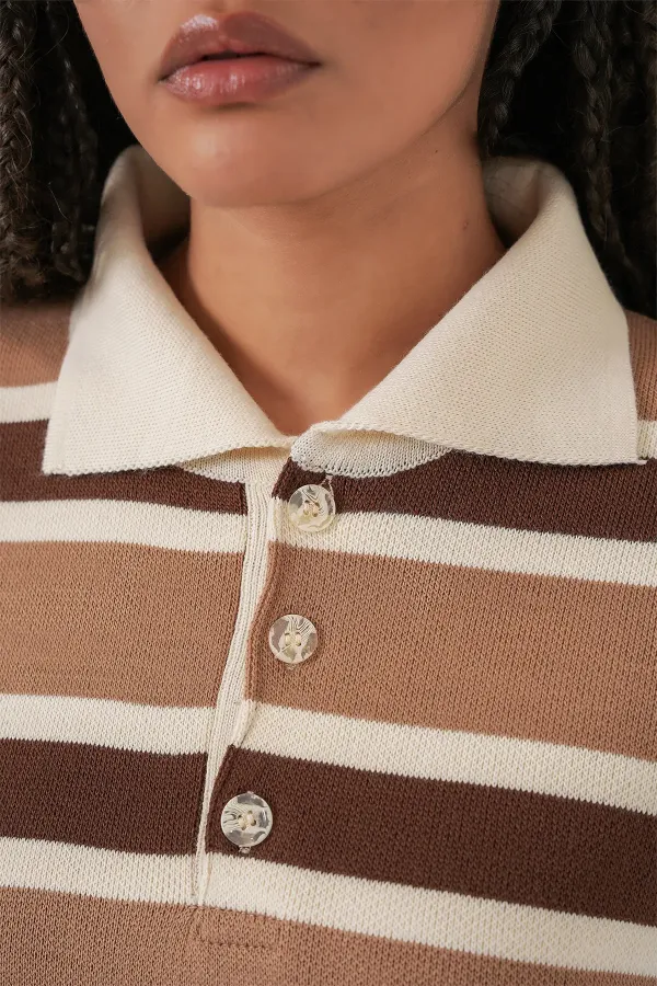 Kadın Çizgili Polo Yaka Triko Kazak 15952 - Vizon