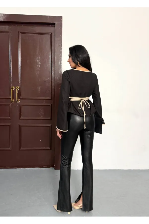 Kadın Siyah İp Bağlamalı Biye Detaylı Uzun Kollu Keten Bluz HZL25W-FRY123691